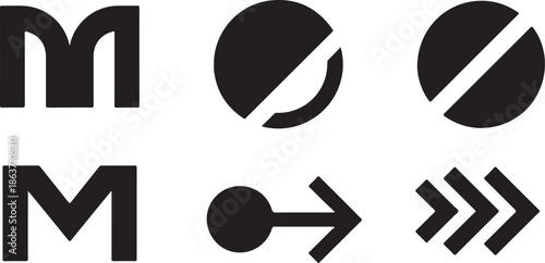 A minimalist logo design featuring black symbols on white