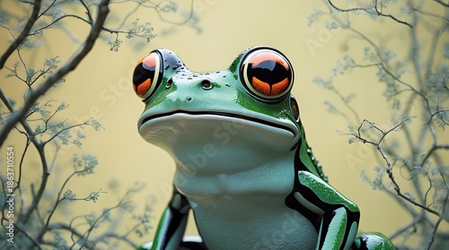 A close-up portrait of a green frog with vibrant orange eyes