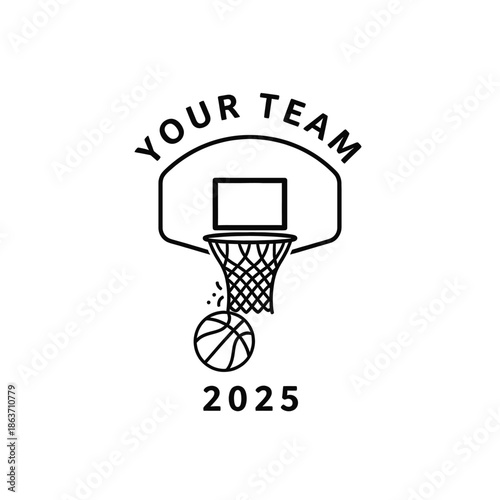Basketball hoop icon with ball and backboard for sports team logo, minimalist vector illustration