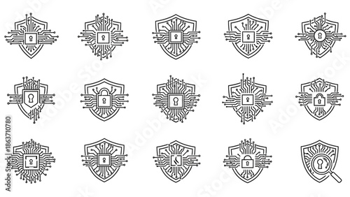 Comprehensive vector icon set showcasing digital security shields with intricate circuit board patterns, symbolizing robust cybersecurity, data protection, and online privacy solutions for technology