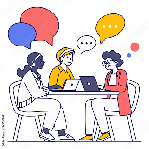 Diverse professionals collaborating and discussing ideas with speech bubbles at a table.