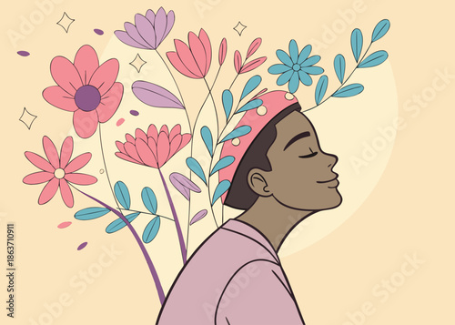 Person meditating with flowers blooming from head, symbolizing inner peace and growth.