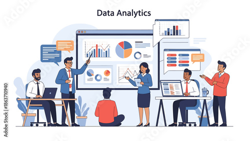 Diverse team collaborating and analyzing data on a projector screen in an office setting