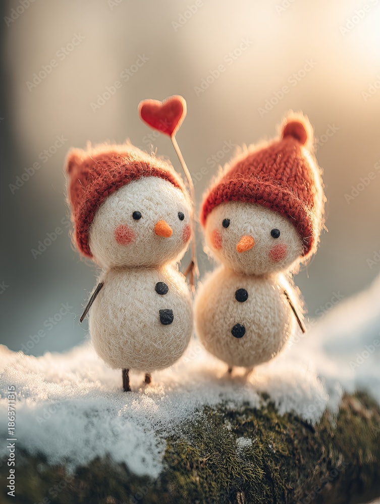 Fototapeta premium Cozy winter scene of two snowmen with red hats on snowy branch, love heart balloon, macro photography with shallow depth of field