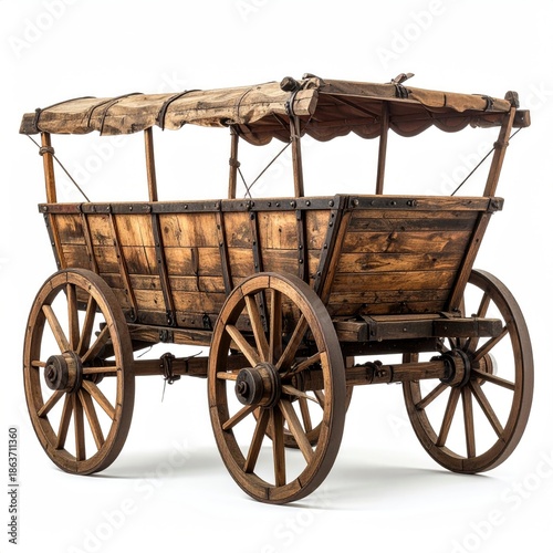 Wooden wagon with canvas top and spoked wheels, isolated