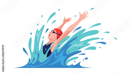 Energetic splash of female swimmer celebrating victory in water