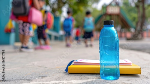 Bright Blue Water Bottle on School Books with Children Playing in Background at Outdoor Playground in Sunny Day