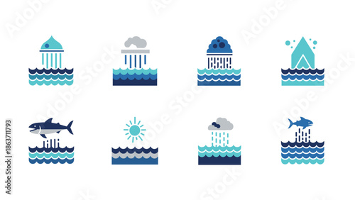 Stylized ocean and weather icons in flat design