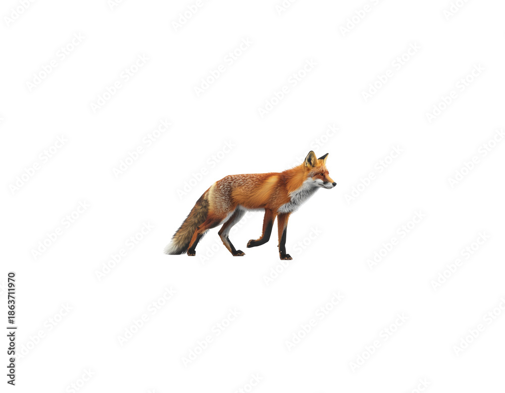 Obraz premium Adult red fox standing alert on white background with fluffy tail and bright orange fur