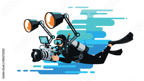 Diver with underwater camera in dynamic flat design
