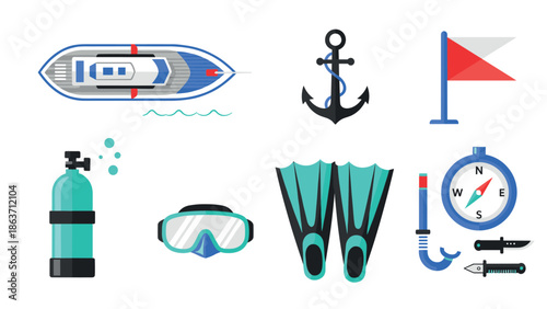 Flat design nautical elements set: boat, anchor, flippers, compass, snorkel, diving gear