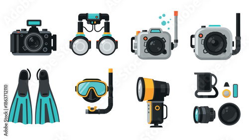 Underwater adventure gear icons featuring cameras and scuba equipment