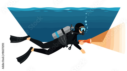 Scuba diver exploring underwater with flashlight in flat design