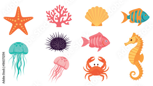 Colorful marine life collection: starfish, coral, fish, jellyfish, seahorse, and crab