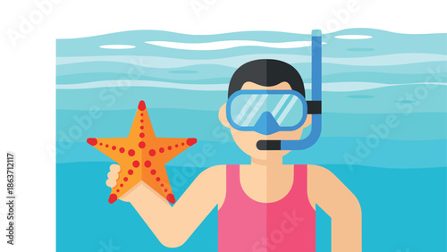 Colorful flat snorkeling adventure with starfish and diver in blue ocean scene