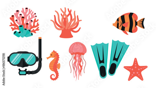 Colorful underwater elements featuring marine life and diving gear
