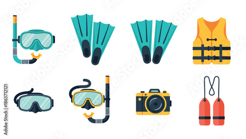 Diving and snorkeling gear icon set: goggles, fins, and safety equipment