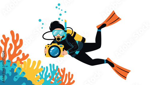 Underwater adventure with scuba diver and camera among vibrant coral reefs