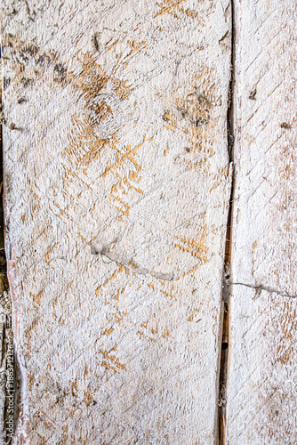 Detailed close up of rustic wooden planks with natural grain, rough texture, scratches, and weathered surface. Perfect background for design projects, vintage decor, carpentry, and creative artwork.