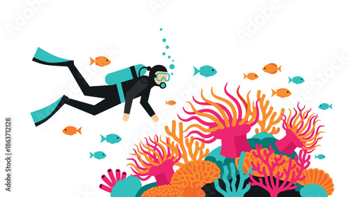 Diver exploring vibrant marine coral reef with colorful fish in flat style