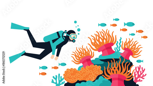 Colorful underwater adventure with diver and coral reef in flat design