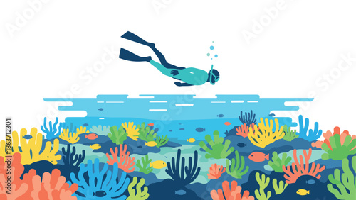 Colorful underwater world with diver surrounded by vibrant marine life