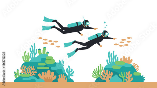 Underwater adventure: scuba divers exploring a vibrant coral reef with fish