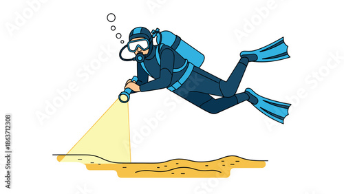 Diver exploring underwater with flashlight in detailed art style