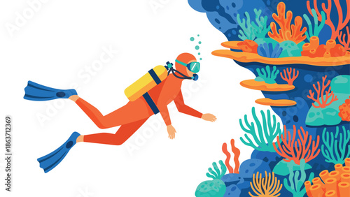 Colorful underwater exploration with scuba diver and coral reef scene