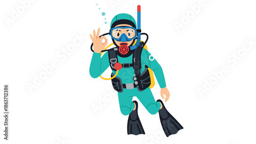 Scuba diver making ok sign underwater in flat design