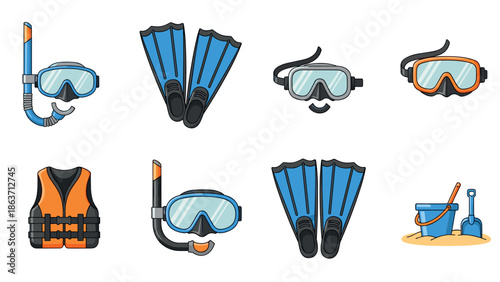 Diving and beach equipment set featuring gear such as snorkels and masks