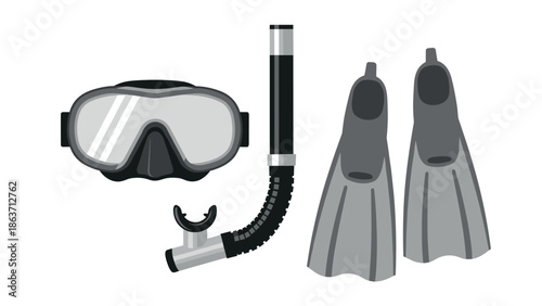 Scuba diving gear with snorkel, mask, and fins on white background