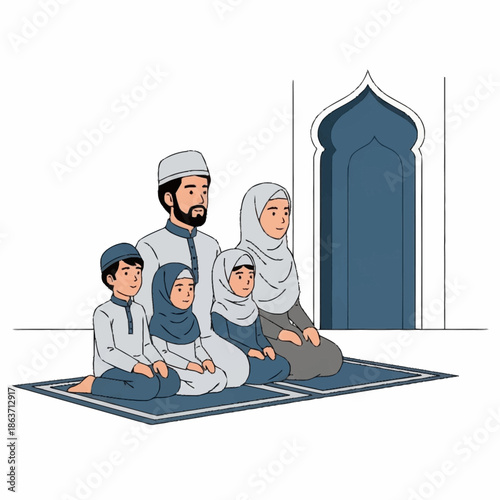 Muslim Family Praying Together on Prayer Rugs.