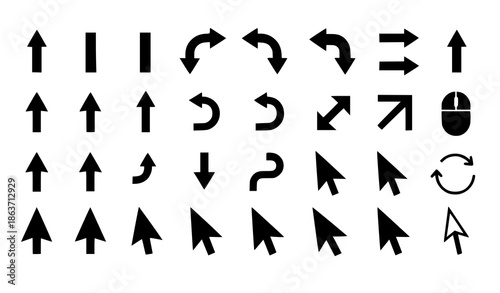 Black arrow and cursor icon set flat vector symbols isolated on white