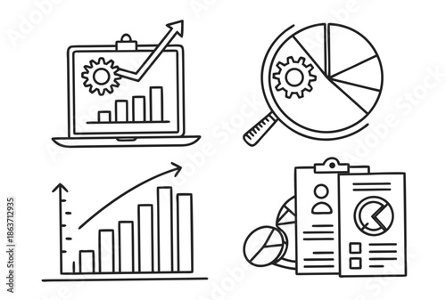 A set of business icons featuring graphs and charts in a minimalist line art style