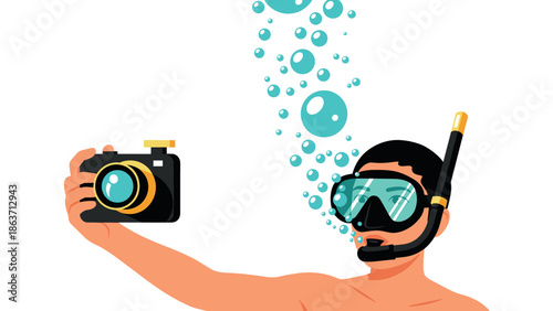 Snorkeling adventure: diver taking underwater selfie with camera and bubbles