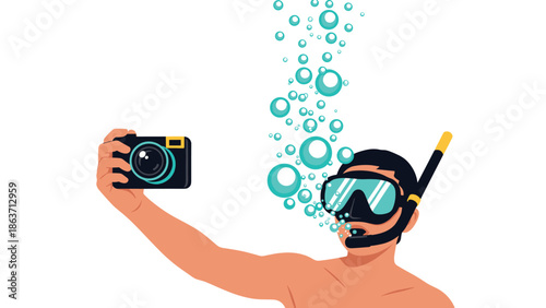 Diver taking selfie underwater with snorkel and camera amidst bubbles