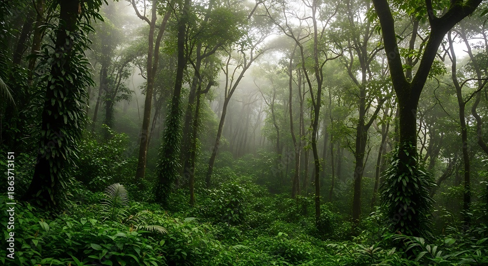 Fototapeta premium Dense tropical foliage obscures towering tree trunks shrouded in mist