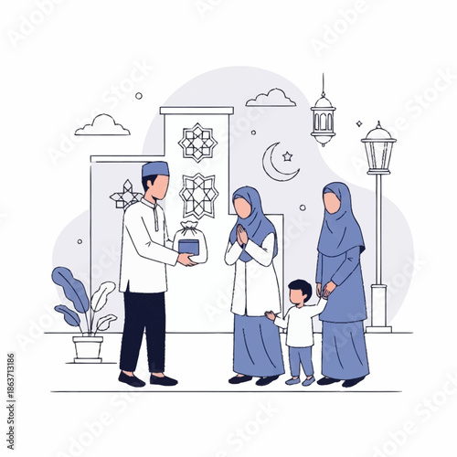 Muslim family receiving charity during Ramadan celebration.