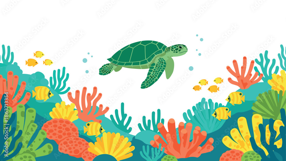 Fototapeta premium Colorful marine life with sea turtle and vibrant coral reef