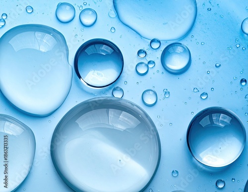 Various sized water droplets on a light blue surface, top view