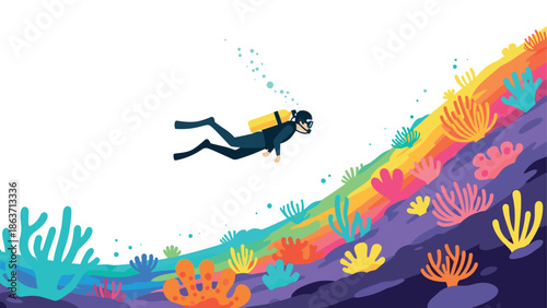 Colorful coral reef exploration with diver in vibrant underwater scene