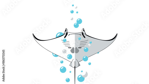 Elegant underwater manta ray with blue bubbles on white background