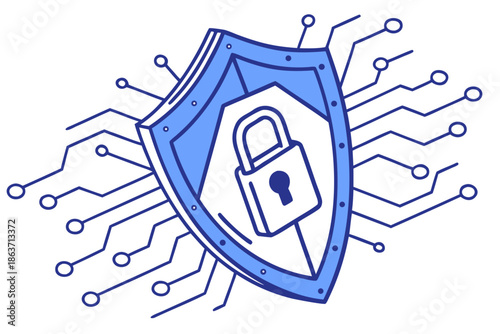 A blue shield with a padlock and circuit board design
