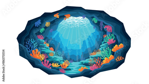 Vibrant ocean life in an underwater cave with rays of sunlight