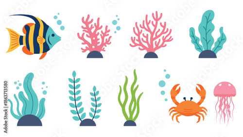 Underwater marine life collection featuring fish, coral, plants, and sea creatures in flat style