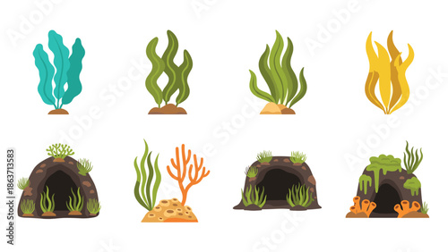 Colorful aquatic plants and coral reef elements for marine decoration