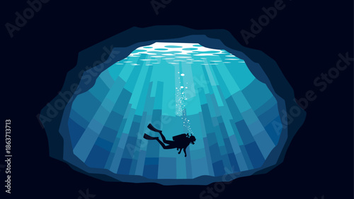 Silhouette scuba diver underwater cave with sun rays