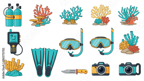 Diving gear and coral set with flippers, snorkels, and cameras in vibrant colors