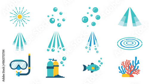 Colorful underwater elements and marine life icons in flat design